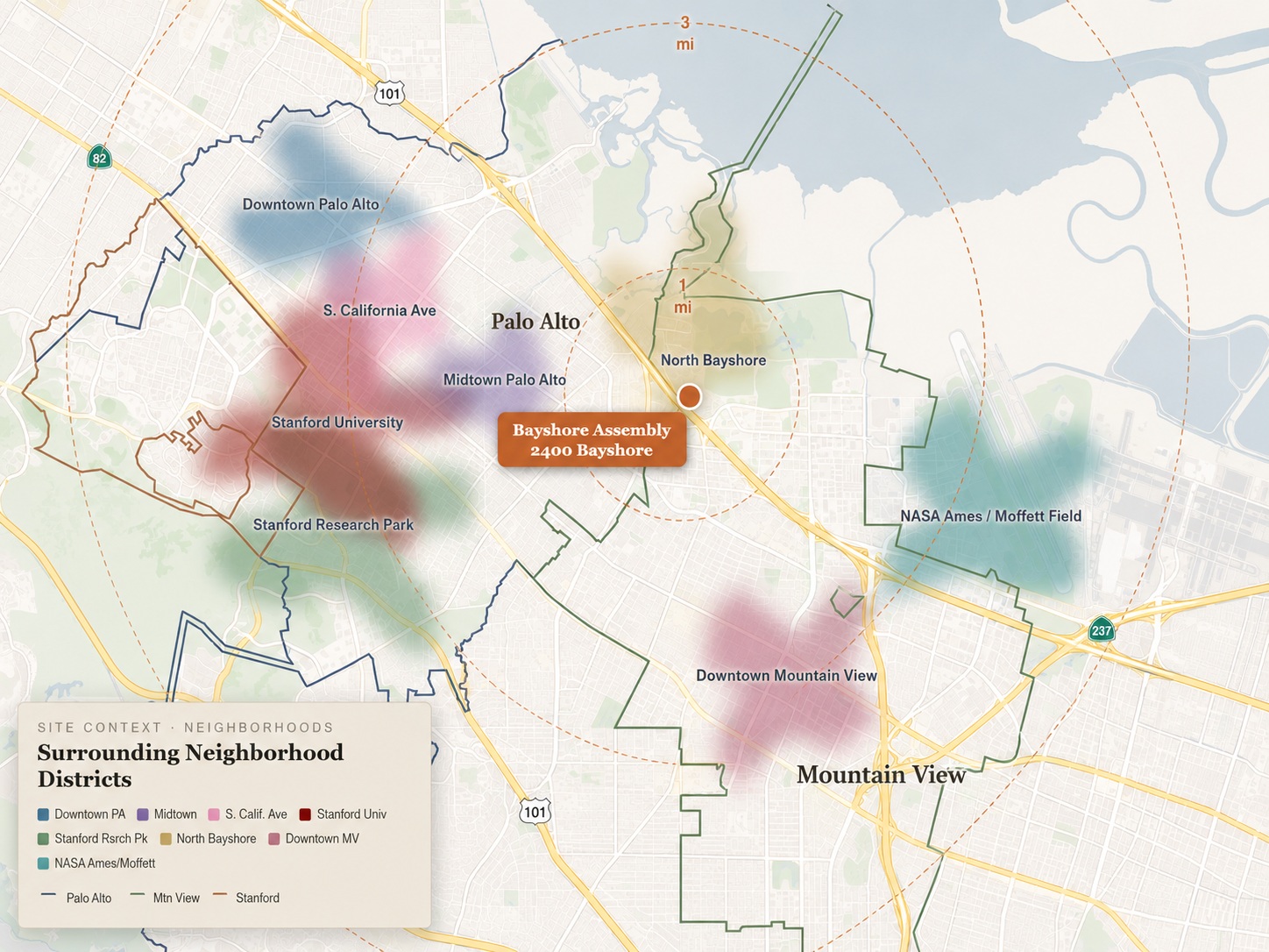 Silicon Valley neighborhood districts map — Bayshore Assembly at 2400 Bayshore Pkwy, Mountain View, CA