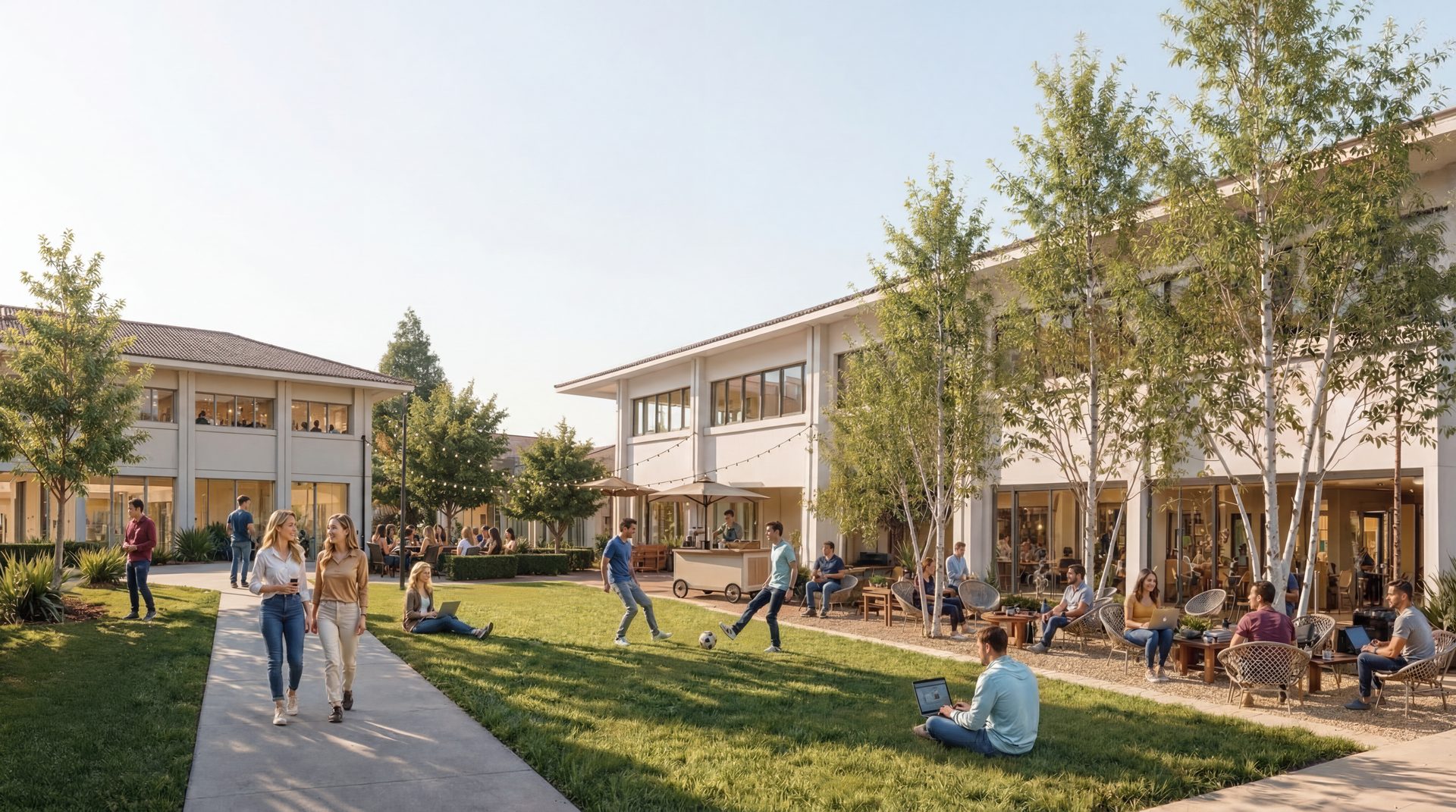 Bayshore Assembly campus courtyard green space — people gather at 2400 Bayshore Pkwy, Mountain View CA