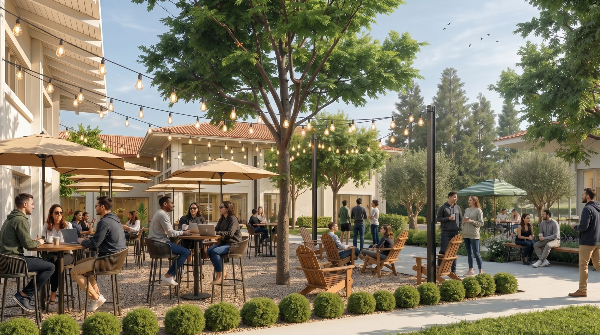 Bayshore Assembly outdoor courtyard seating — collaborative campus amenity space, Mountain View CA