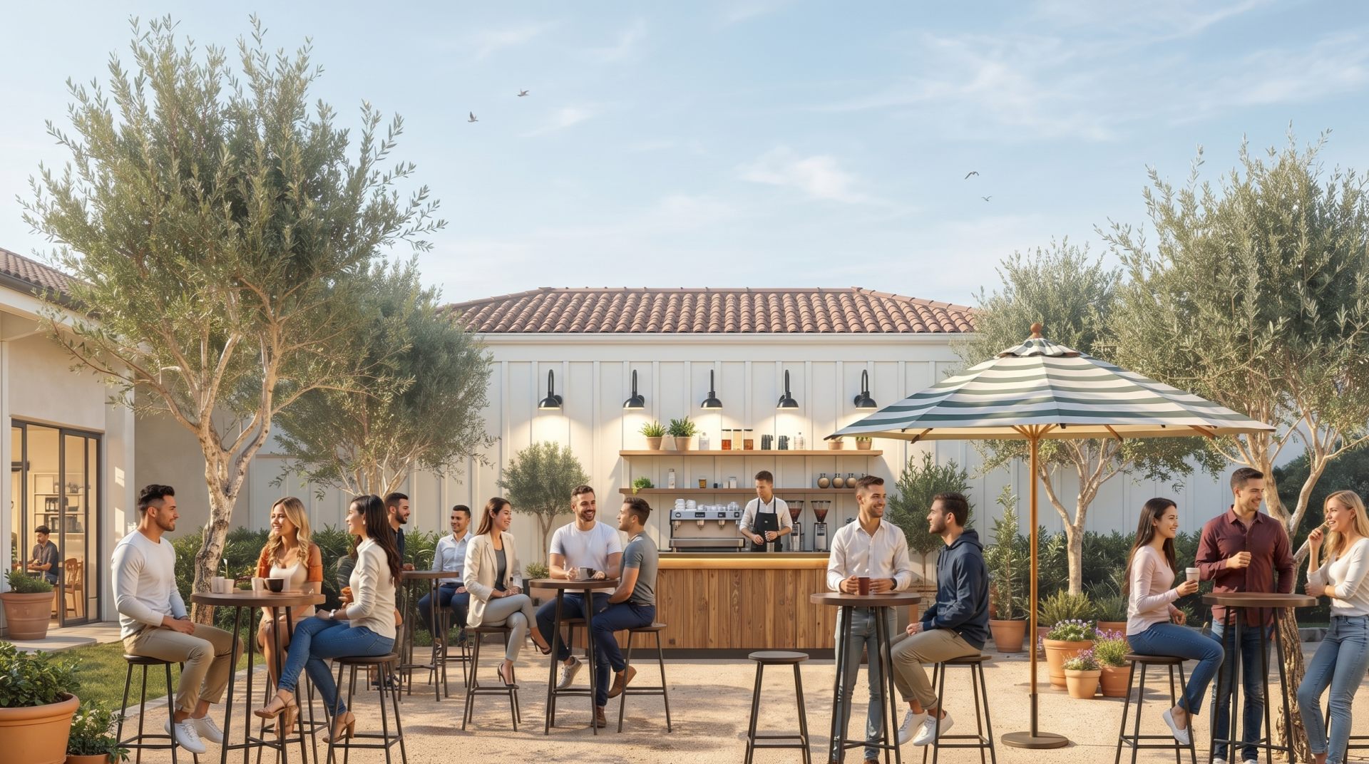 Bayshore Assembly outdoor café and amenity space — Flex R&D campus, Mountain View California
